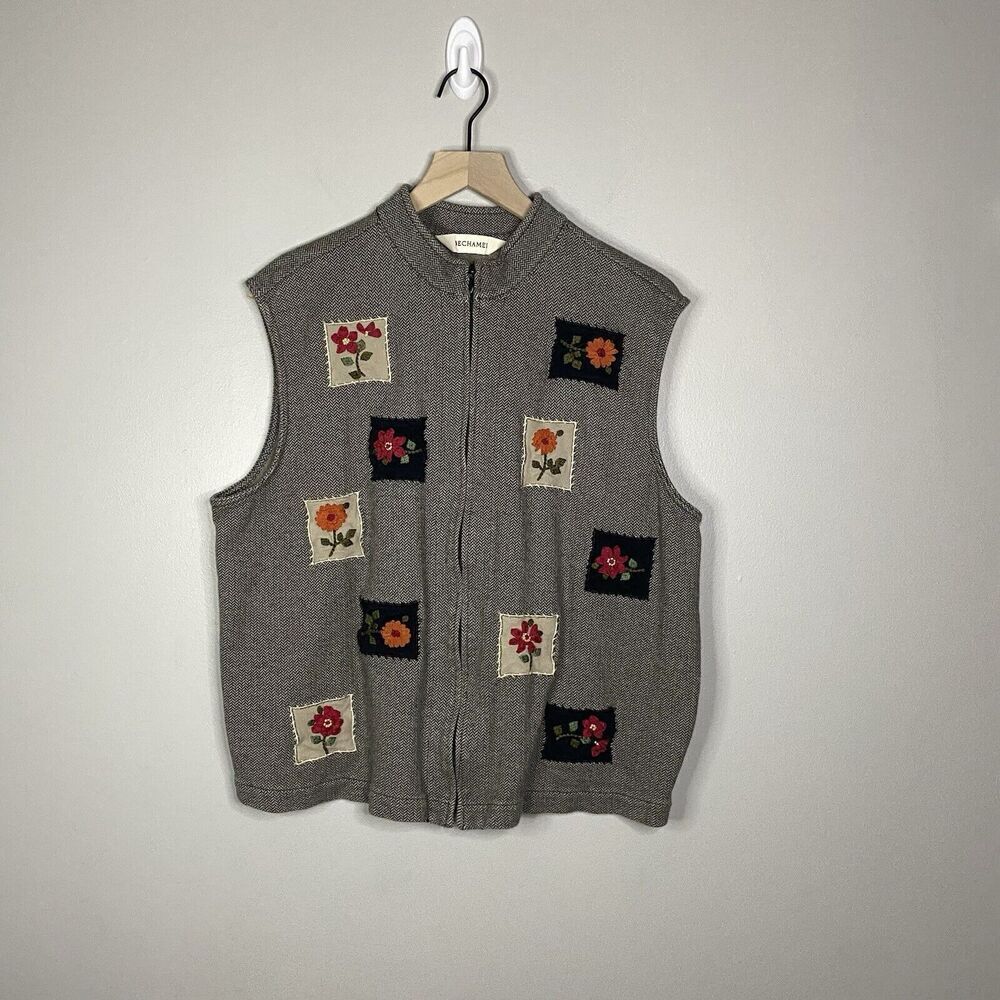 Vintage XLARGE Floral Fall Patchwork Herringbone Vest BECHAMEL Women 100% Cotton